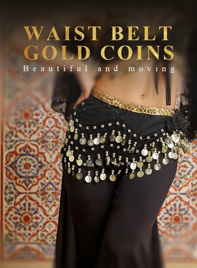 RESONIX Belly Dance Waist Chain for Women with 128 Gold Coins, Chiffon Coin Belt Adjustable Waist Wrap for Dance Performance, Fitness & Practice - Image 2